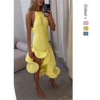 Sexy Knot Waist Lace Trim Midi Dress Sleeveless High Collar