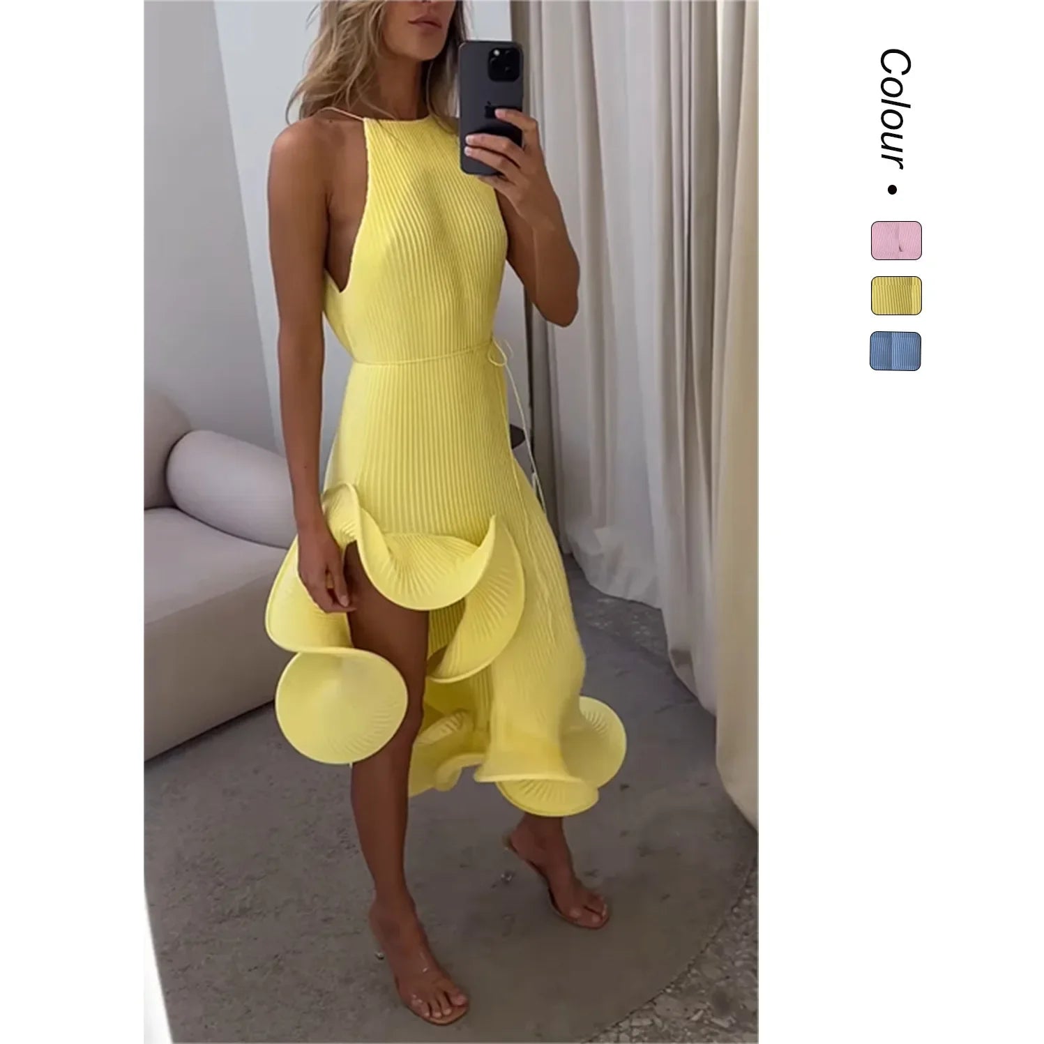 Sexy Knot Waist Lace Trim Midi Dress Sleeveless High Collar