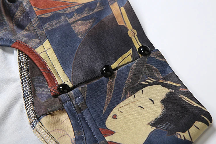 Backless Romper Women Sexy Button Turtleneck Sleeveless Ruched Vintage Cartoon Print Stretch Skinny Club Playsuit