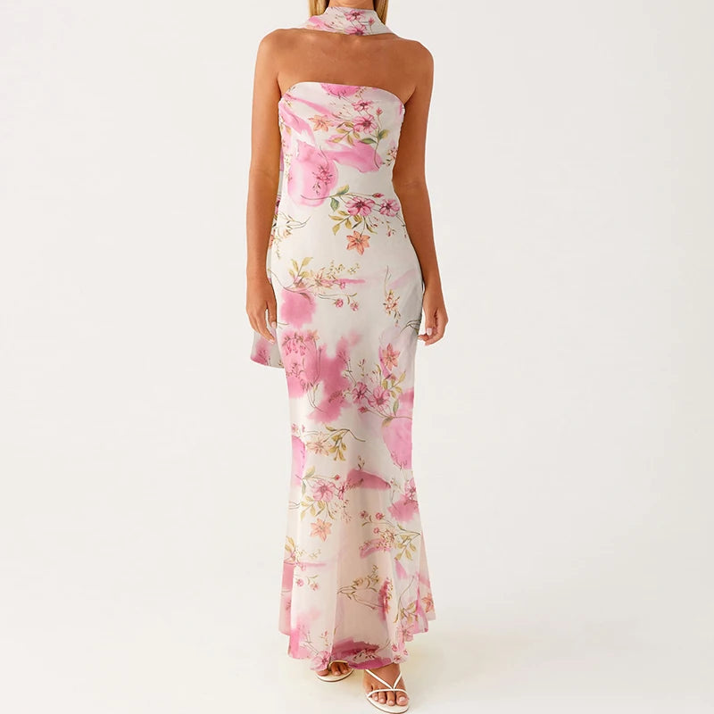 Floral Tube Maxi Dress With Scarf Strapless Backless Mesh Bodycon Sundress