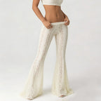 White Lace Sheer Flare Pants For Women Boho Style Elegant Casual Wide Leg Trousers