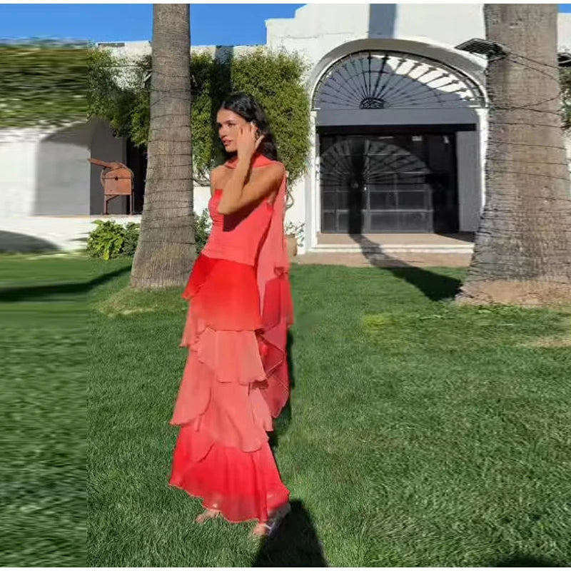 Gradient Flowy Chiffon Three Piece Set With Tube Top Tiered Skirt And Sheer Scarf