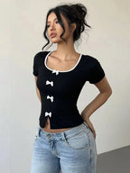 Square Neck Short Crop Top With Bow Black Bodycon Silhouette