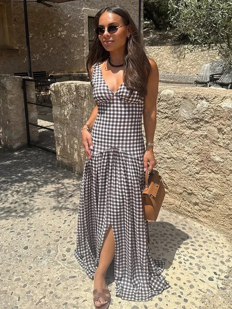 Polka Dot Pleated Maxi Dress With Slit V Neck Off Shoulder Sleeveless Evening Wear