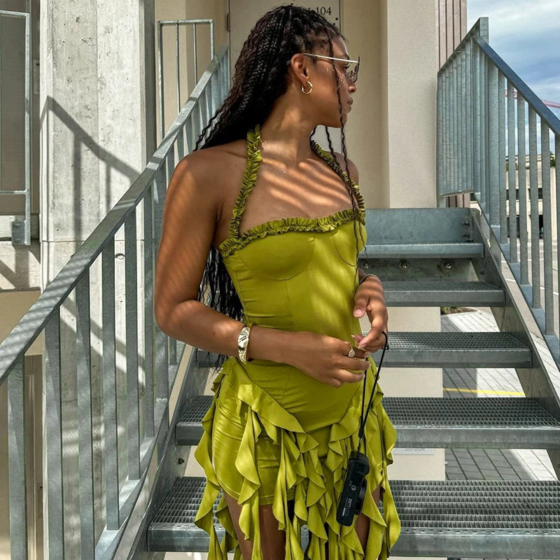 Elegant Halter Backless Ruffles Mini Dress Slim Fit With Tassel Detail