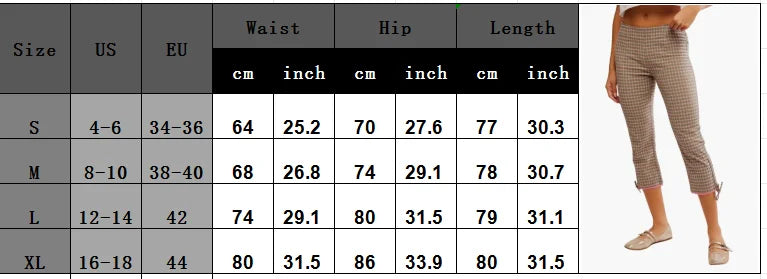 Capri Pants Elastic Low Waist 3/4 Length Pants Y2K Aesthetic Plaid Slim Cropped Trousers with Bow Decor