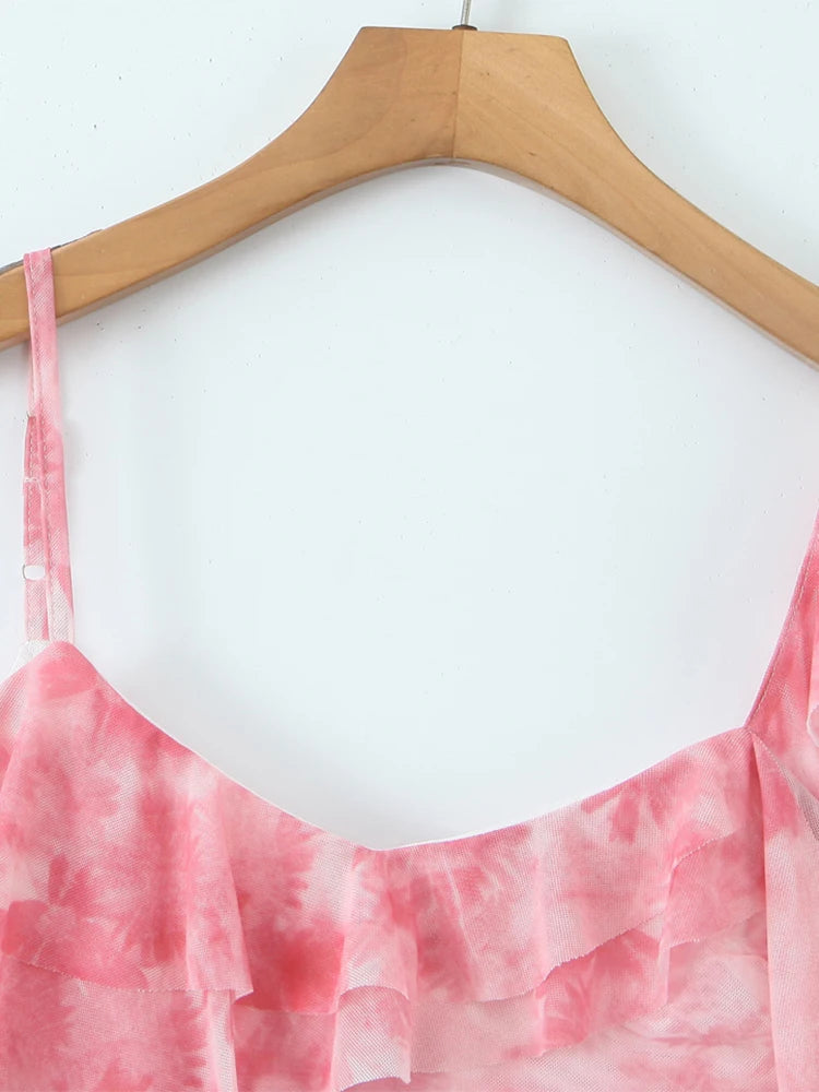 Vintage Print Asymmetrical Mesh Slim Backless Camisole
