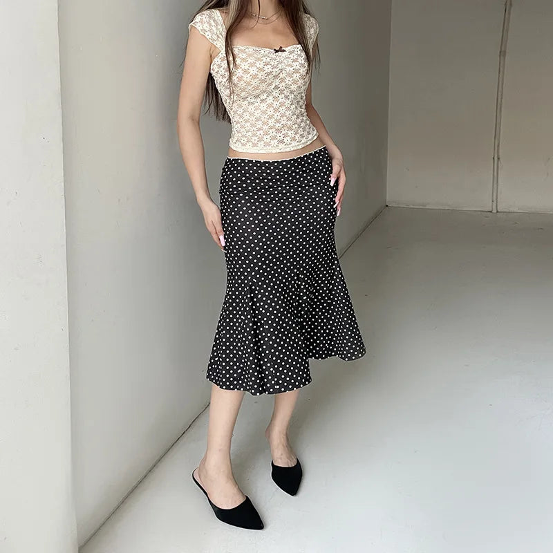 Black Polka Dot Print Midi Skirt With Low Waist Lightweight Knit