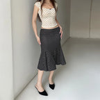 Black Polka Dot Print Midi Skirt With Low Waist Lightweight Knit