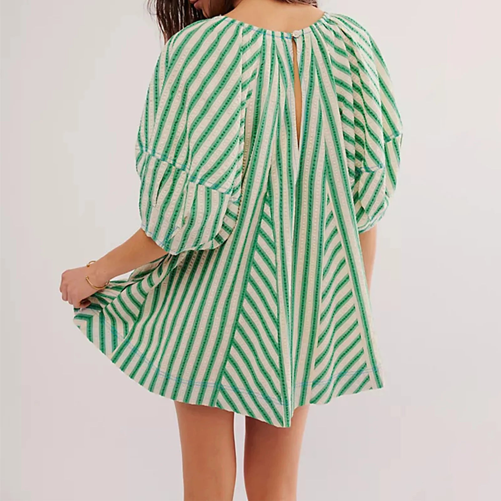 Y2k Rompers Sexy Loose Puff Sleeve V Neck Striped Jumpsuits Shorts Overalls Dress