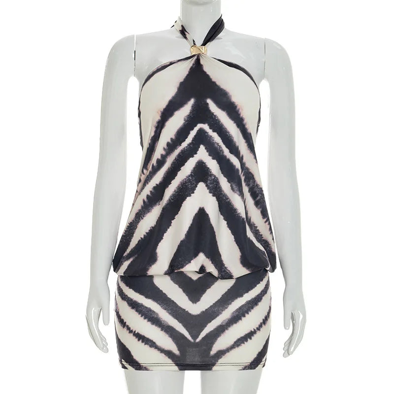Zebra Print Halter Backless Mini Dress For Nightlife Chic