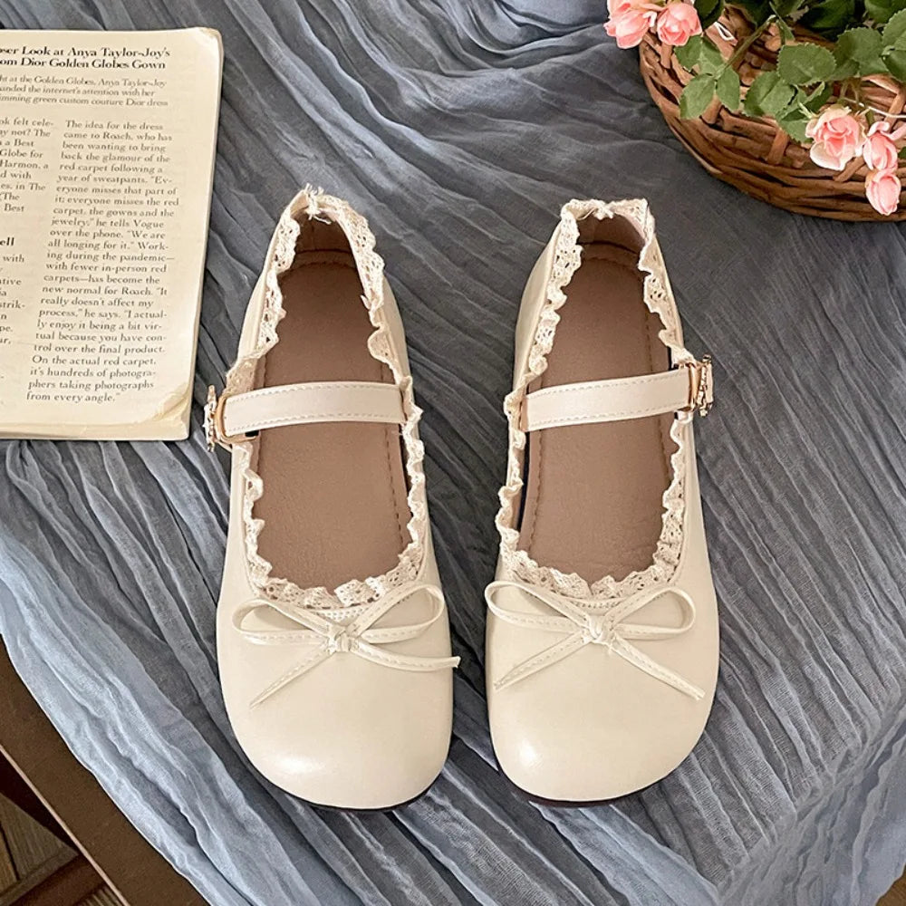 Lolita Inspired Mary Jane Flats With Bow Lace Pu Leather Soft Sole Slip On