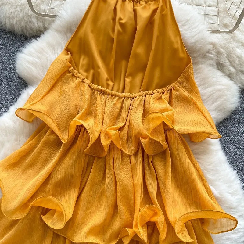Cascading Ruffles Lace Up Halter Backless Dress