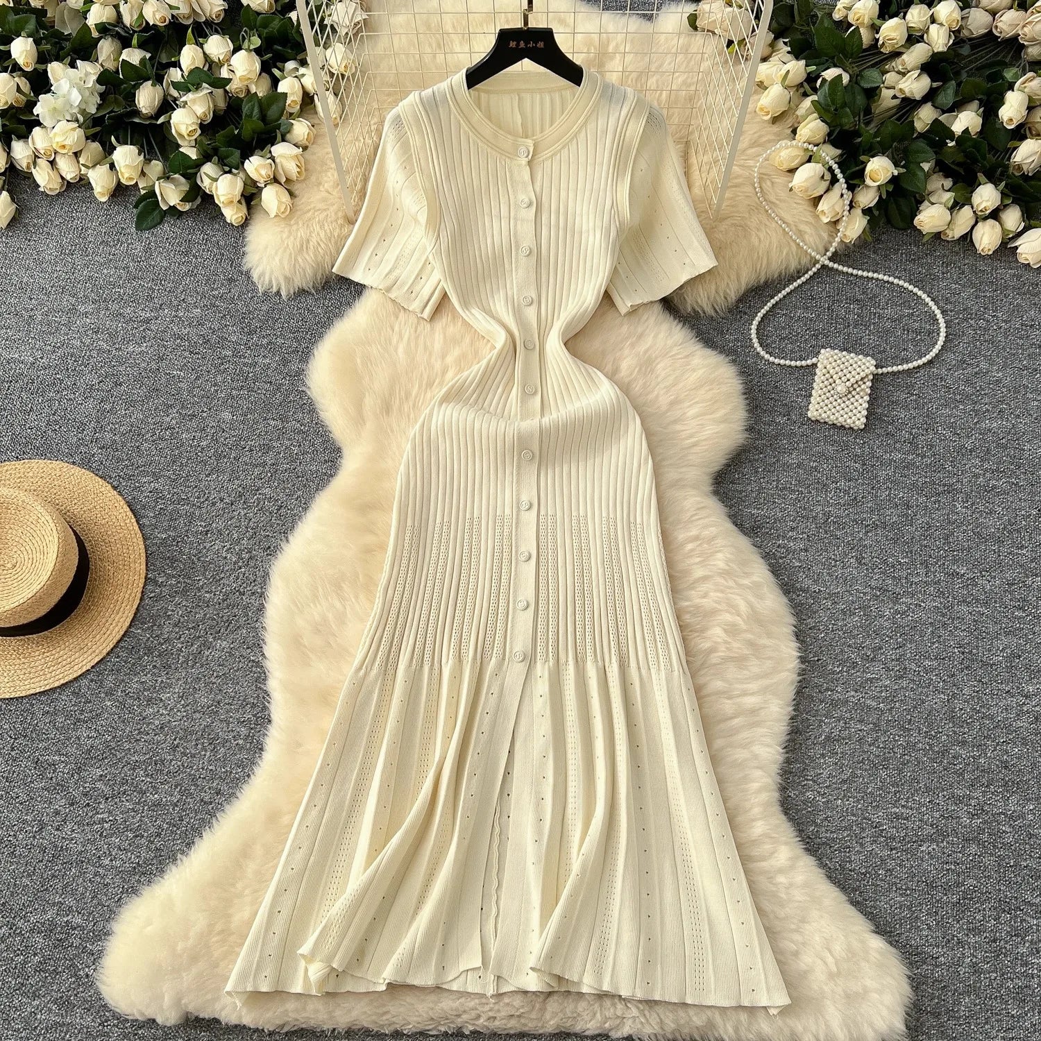 Vintage Inspired Turn Down Collar Knit Maxi Shirt Dress