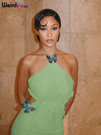 Sheer Halter Dress With Butterfly Appliques Hollow Ruffle Details Elegant Gown