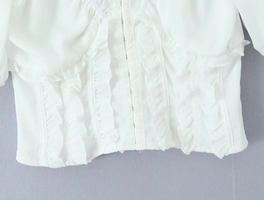 Sunlit Vintage Puff Sleeve V Neck White Chiffon Crop Top Blouse