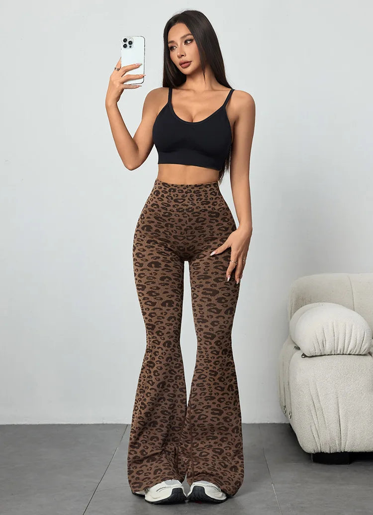 Leopard Print High Waist Bell Bottom Yoga Leggings For Women With Soft Stretch