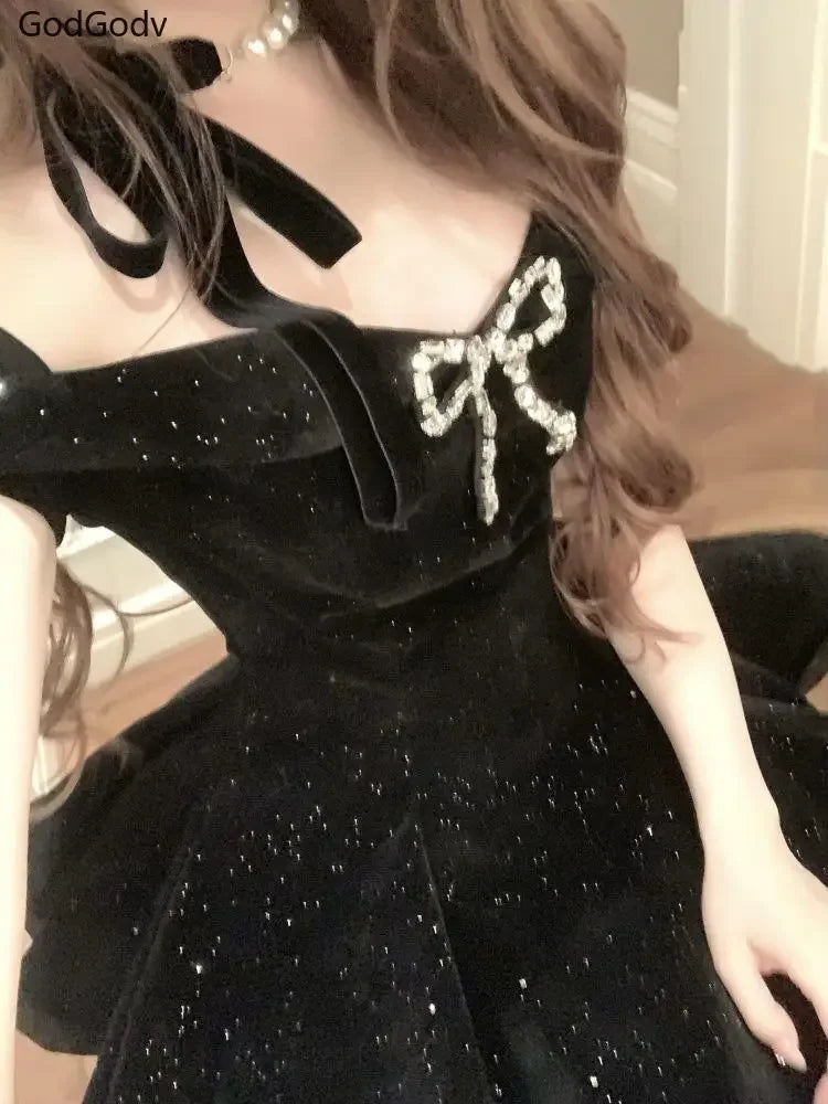 Mini Gothic Off Shoulder Dress In French Vintage Style Retro