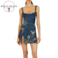 Beaded Navy And Gold Mini Evening Dress With Hand Embroidered Details And Thin Straps