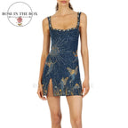 Beaded Navy And Gold Mini Evening Dress With Hand Embroidered Details And Thin Straps