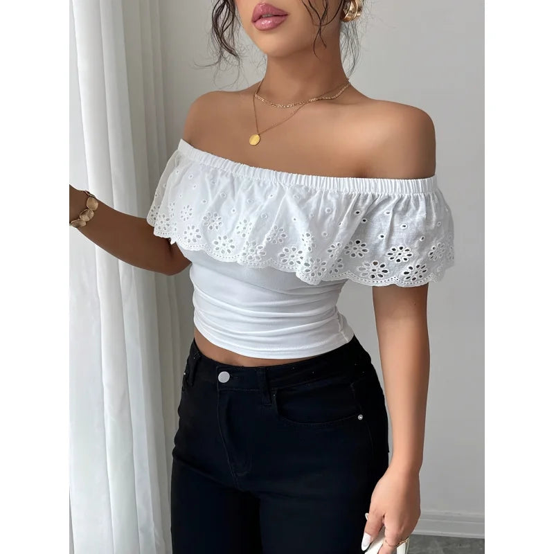Hollow Jacquard Off Shoulder Top In