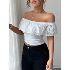 Hollow Jacquard Off Shoulder Top In