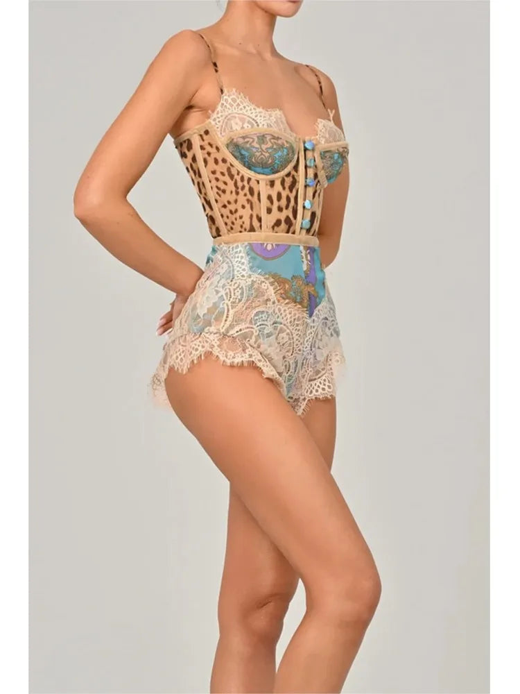 Leopard Patchwork Lace Jumpsuit With Spaghetti Straps
