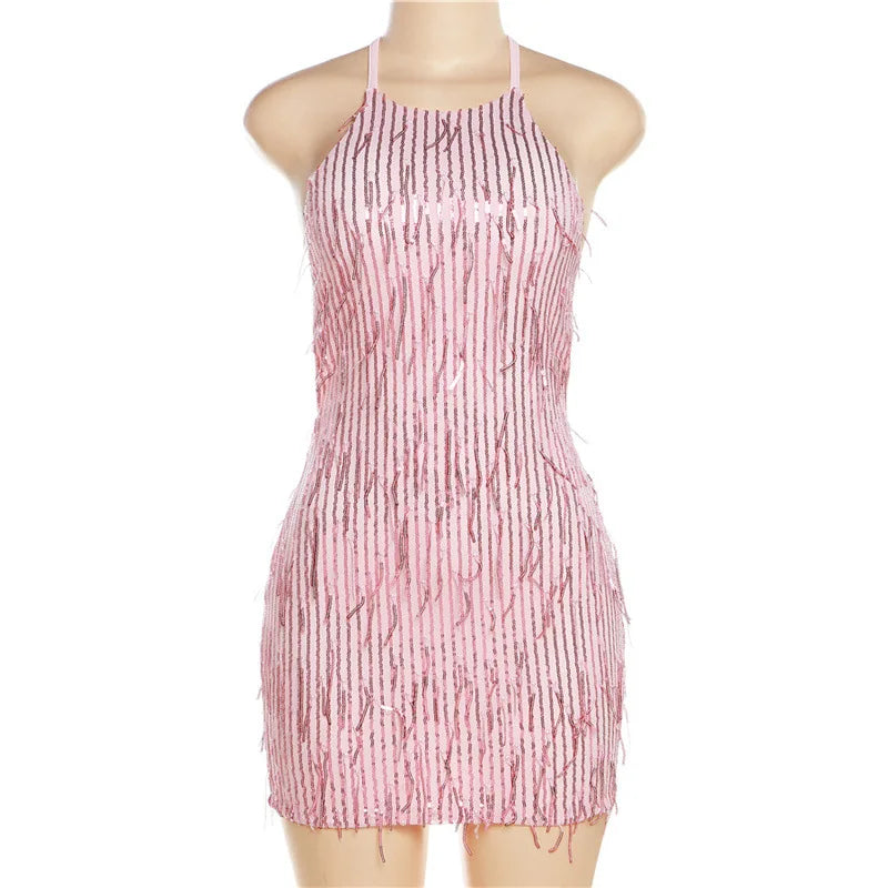 Gleaming Halter Neck Backless Sequin Tassel Party Dress