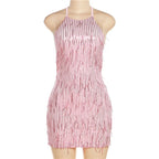 Gleaming Halter Neck Backless Sequin Tassel Party Dress