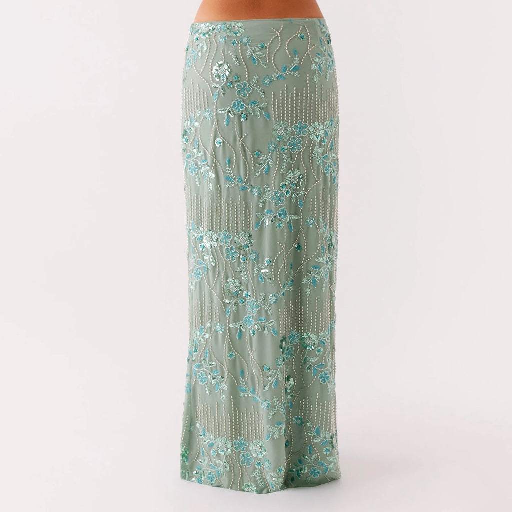 Elegant Beaded Sequin Maxi Skirt With Floral Embroidery
