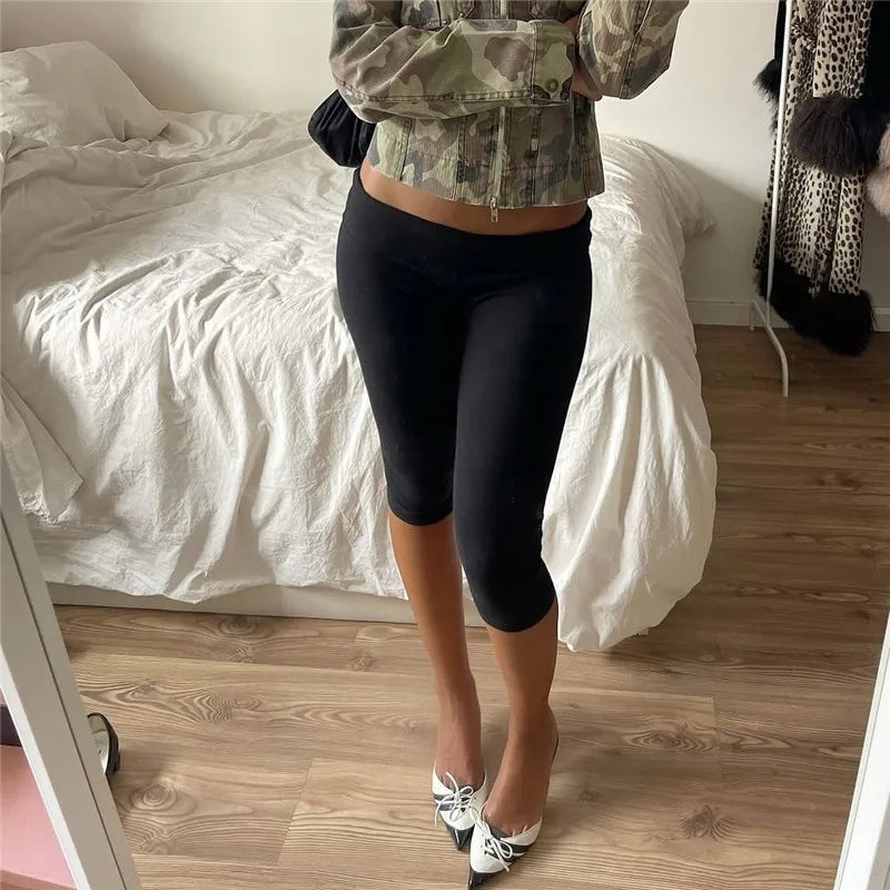 Fold-Over Waistband Capri Leggings Low Rise Slim Fit High-Stretch Pants