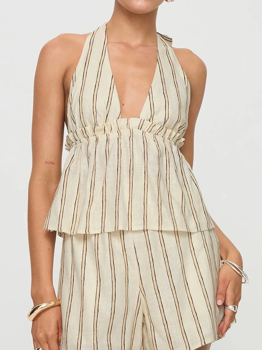 Striped Loungewear Set With Tie Up Halter Top And Elastic Waist Shorts