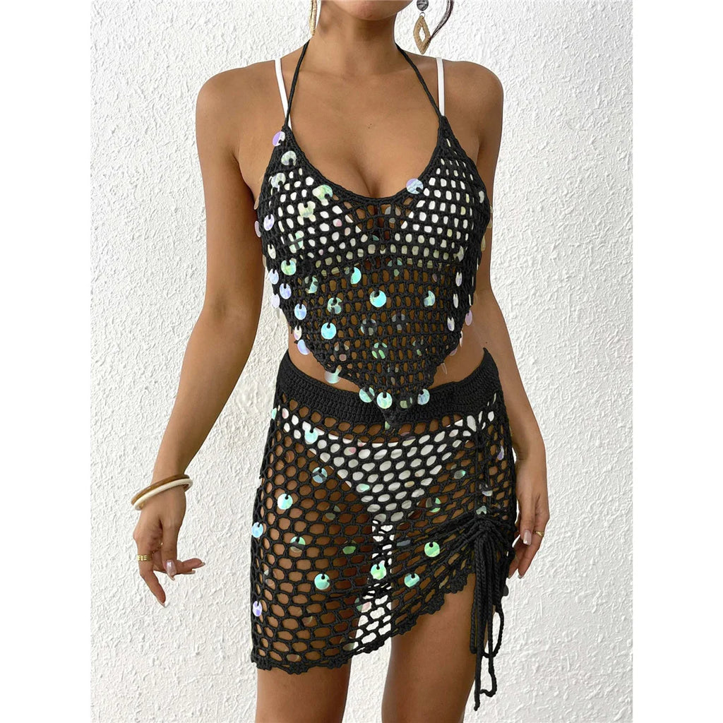 Hollow Out Skirt Crochet Knitted 2 Pieces Suits Cover Up