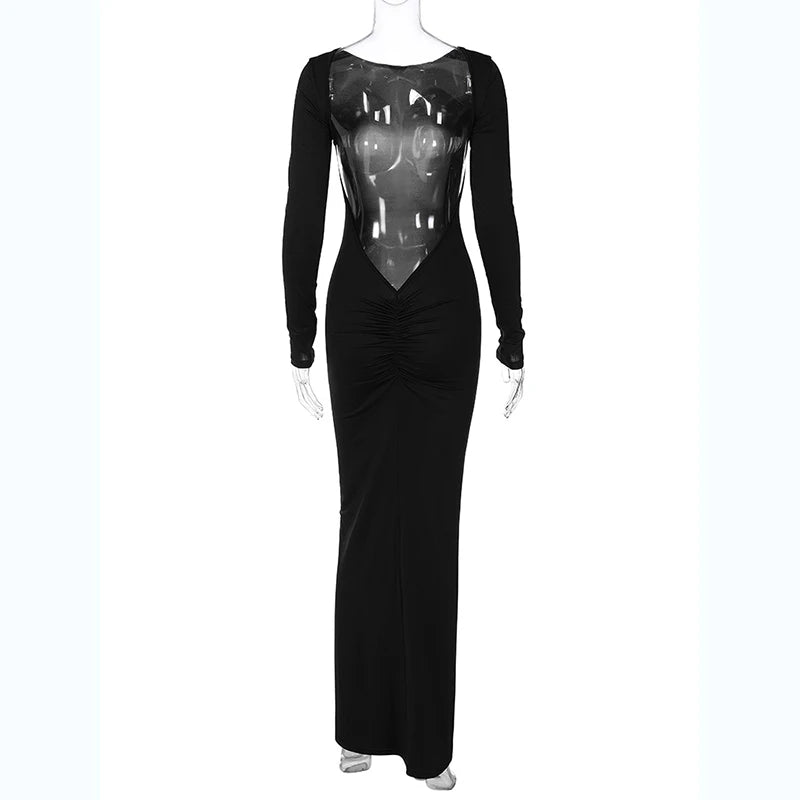 Elegant Backless Long Sleeve Maxi Dress With Bodycon Fit