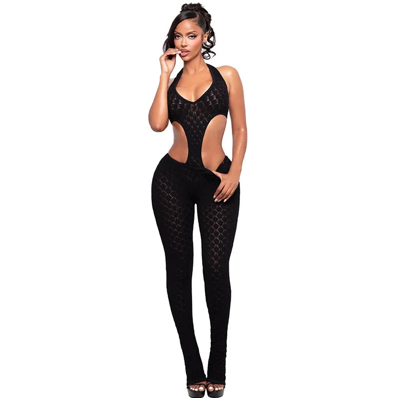 Mesh Backless Halter Jumpsuit With See Through Panels And Figure Hugging Fit