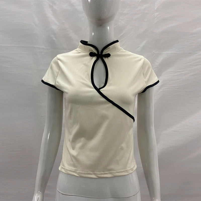 Ladies Blouse With Mandarin Collar Short Sleeve Crop Top Keyhole Frog Button Vintage Asymmetrical Design