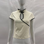 Ladies Blouse With Mandarin Collar Short Sleeve Crop Top Keyhole Frog Button Vintage Asymmetrical Design