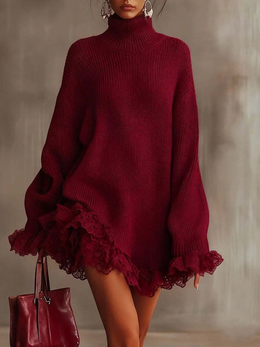 Cozy Oversized Turtleneck Knit Dress With Ruffled Splice Long Sleeve