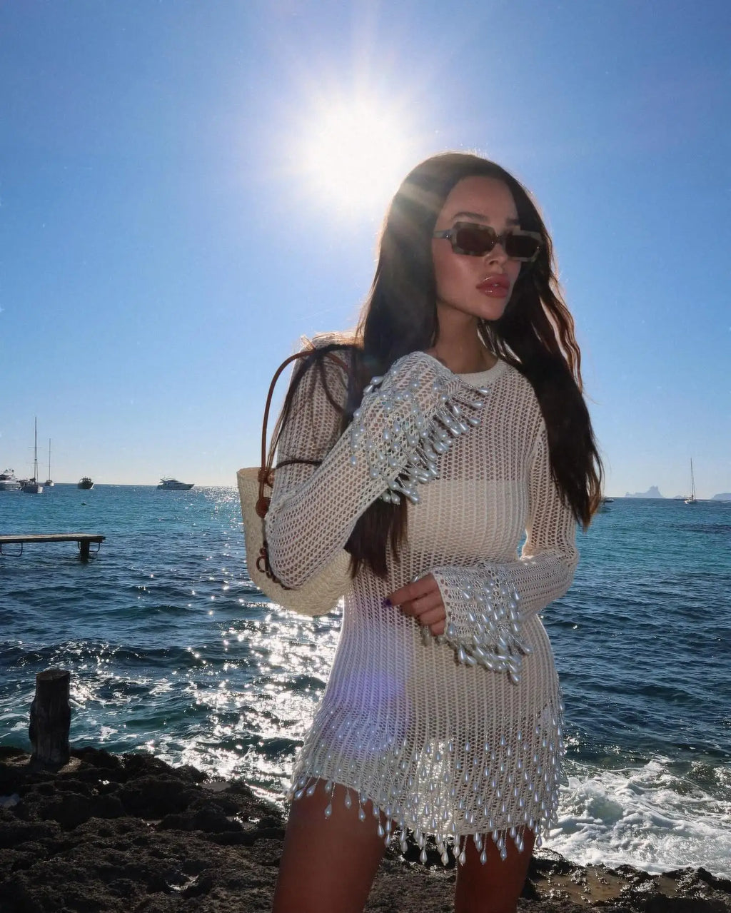 Pearl Crochet Mini Dress With Long Sleeve Knit Cover Up