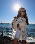 Pearl Crochet Mini Dress With Long Sleeve Knit Cover Up