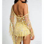 Crochet Beach Cover Up For Women Lightweight Triangle Tassel Hem Sequins Off Shoulder Poncho