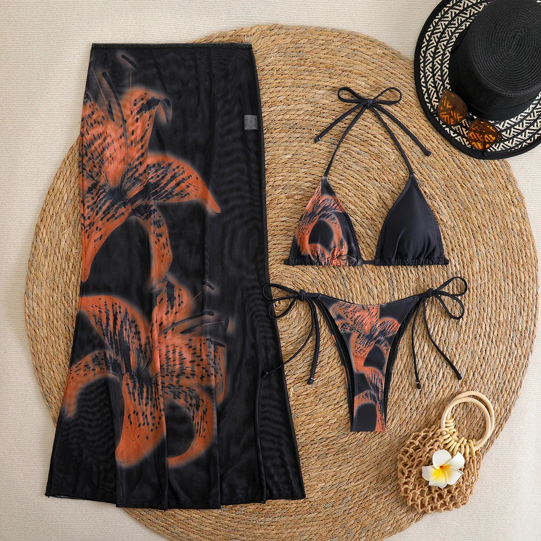 Flowers Printed With Skirt Halter Bikini Three-pieces Bikini set