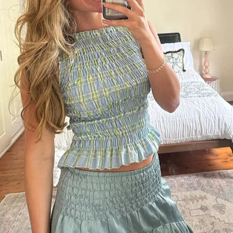 Cozy Two-piece Plaid Shorts Set With Smocked Tank Sleeveless Top And Ruffled Trim