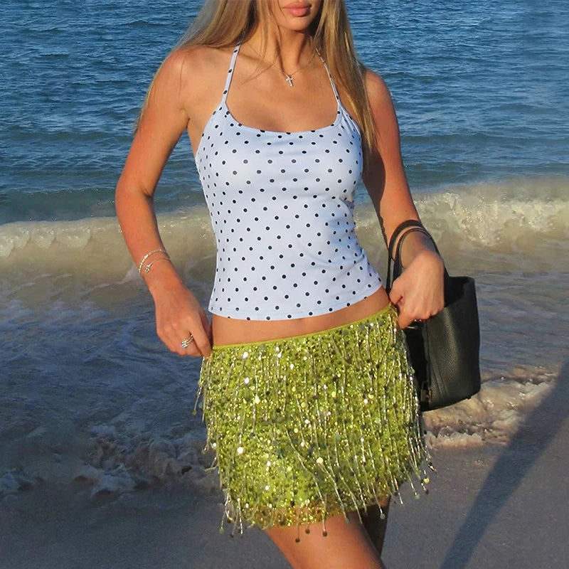 Polka Dot Halter Backless Crop Cami