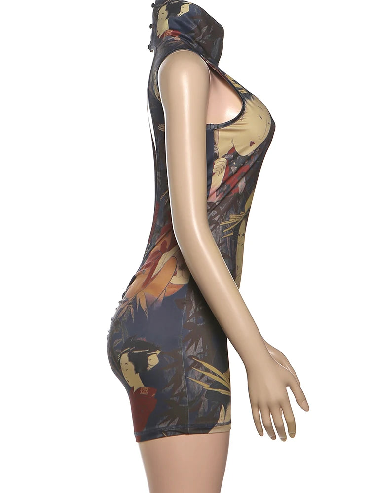 Backless Romper Women Sexy Button Turtleneck Sleeveless Ruched Vintage Cartoon Print Stretch Skinny Club Playsuit