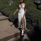 Lace Trim Maxi Dress With Spaghetti Straps And Slit