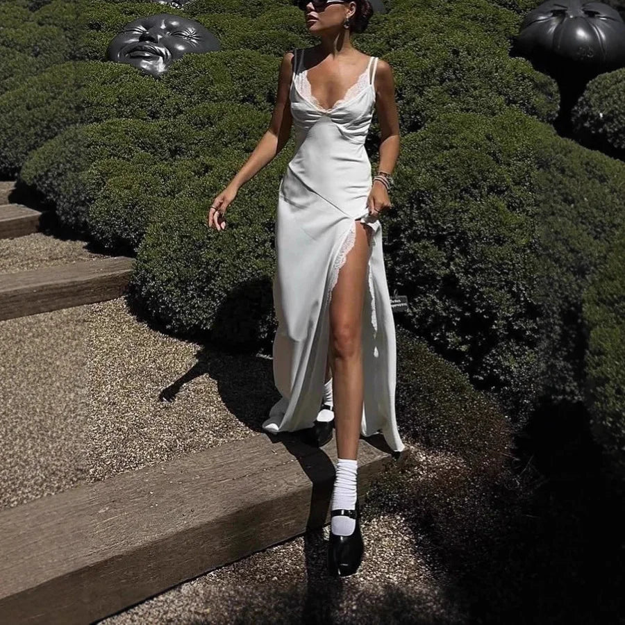 Lace Trim Maxi Dress With Spaghetti Straps And Slit