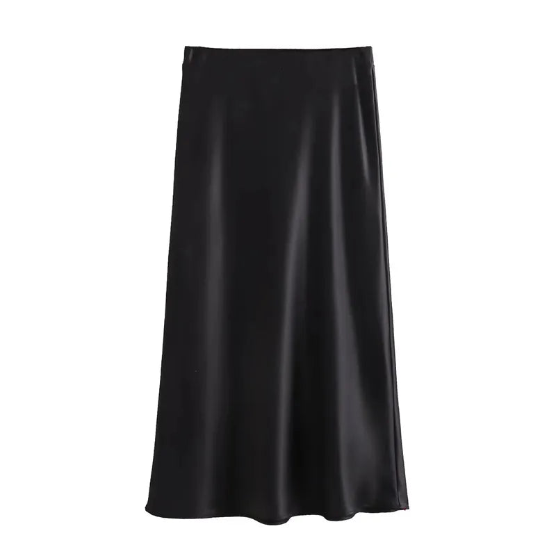 Satin High Waist Midi Skirt With Flair