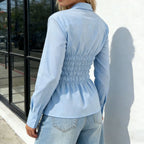 Smocked Long Sleeve Solid Color Collared Button Up Shirts