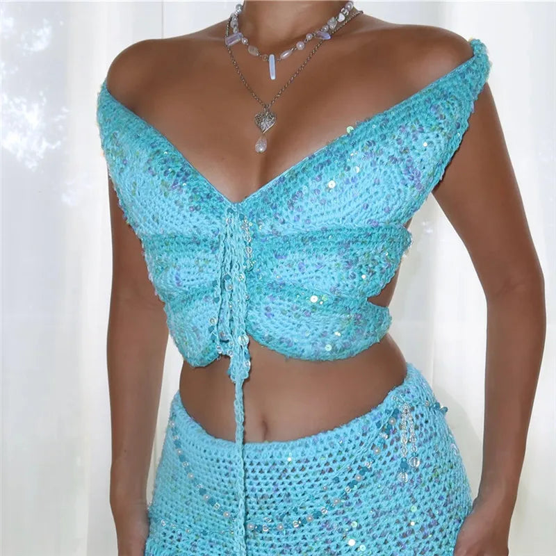Butterfly Sequin Knit Crochet Crop Top Off Shoulder Backless